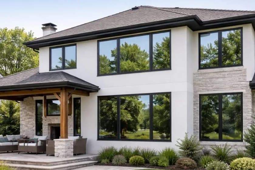 A modern two-storey home whose dark-framed windows mirror the surrounding trees and sky, the daytime one-way-mirror look privacy film gives